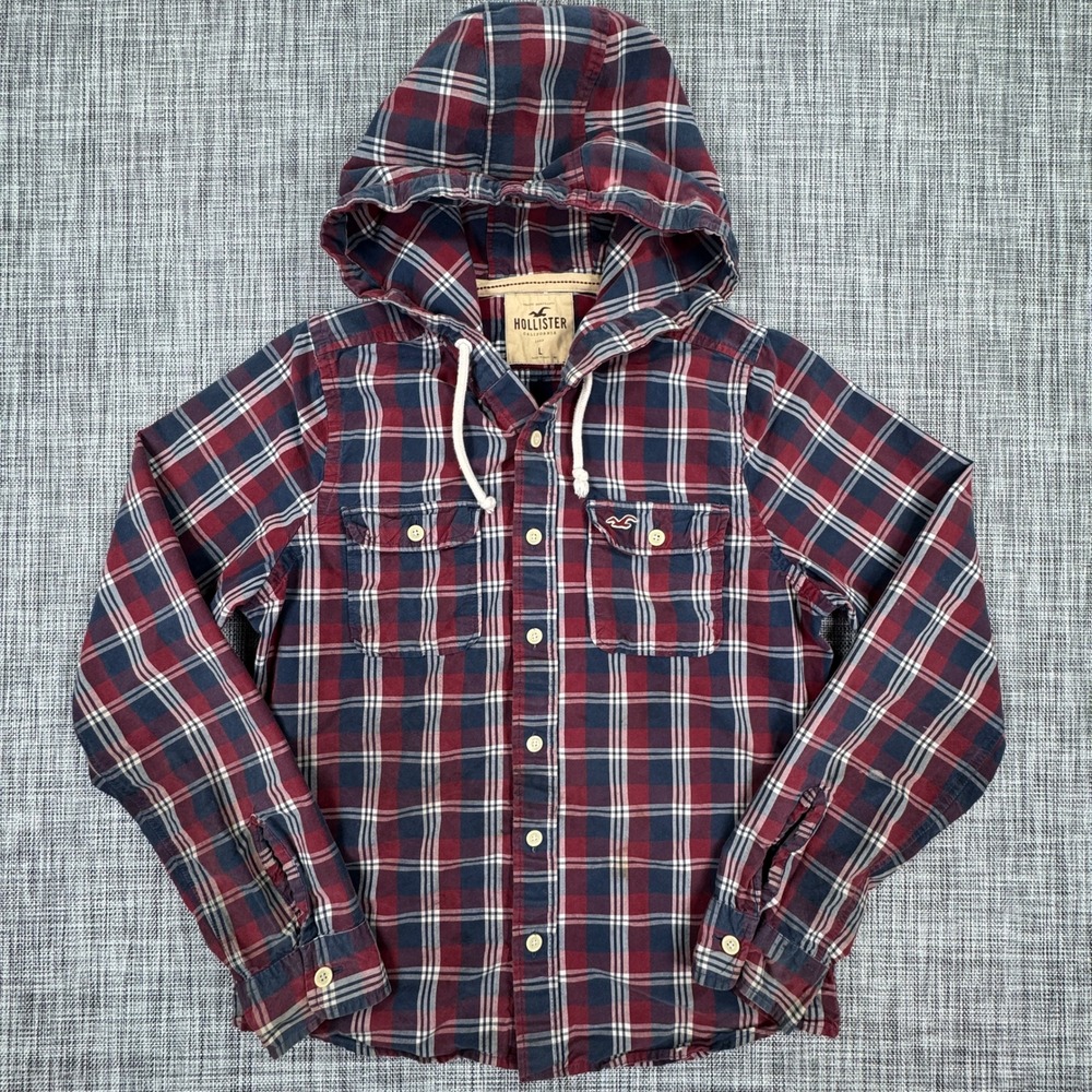Hollister Mens Hooded Flannel Shirt Large Red Navy Plaid Cotton Button Up Pocket